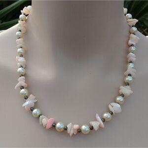 HANDMADE Pink & White Shells, Gray Beads & Pearl Necklace w/Barrel Closure